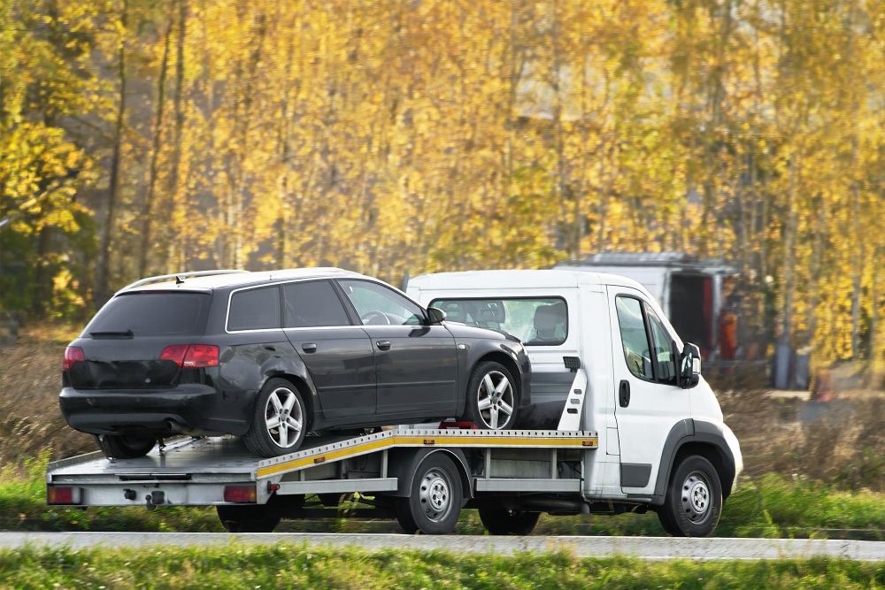 Fahrzeuge werden auf einen Transporter zum Abtransport geladen